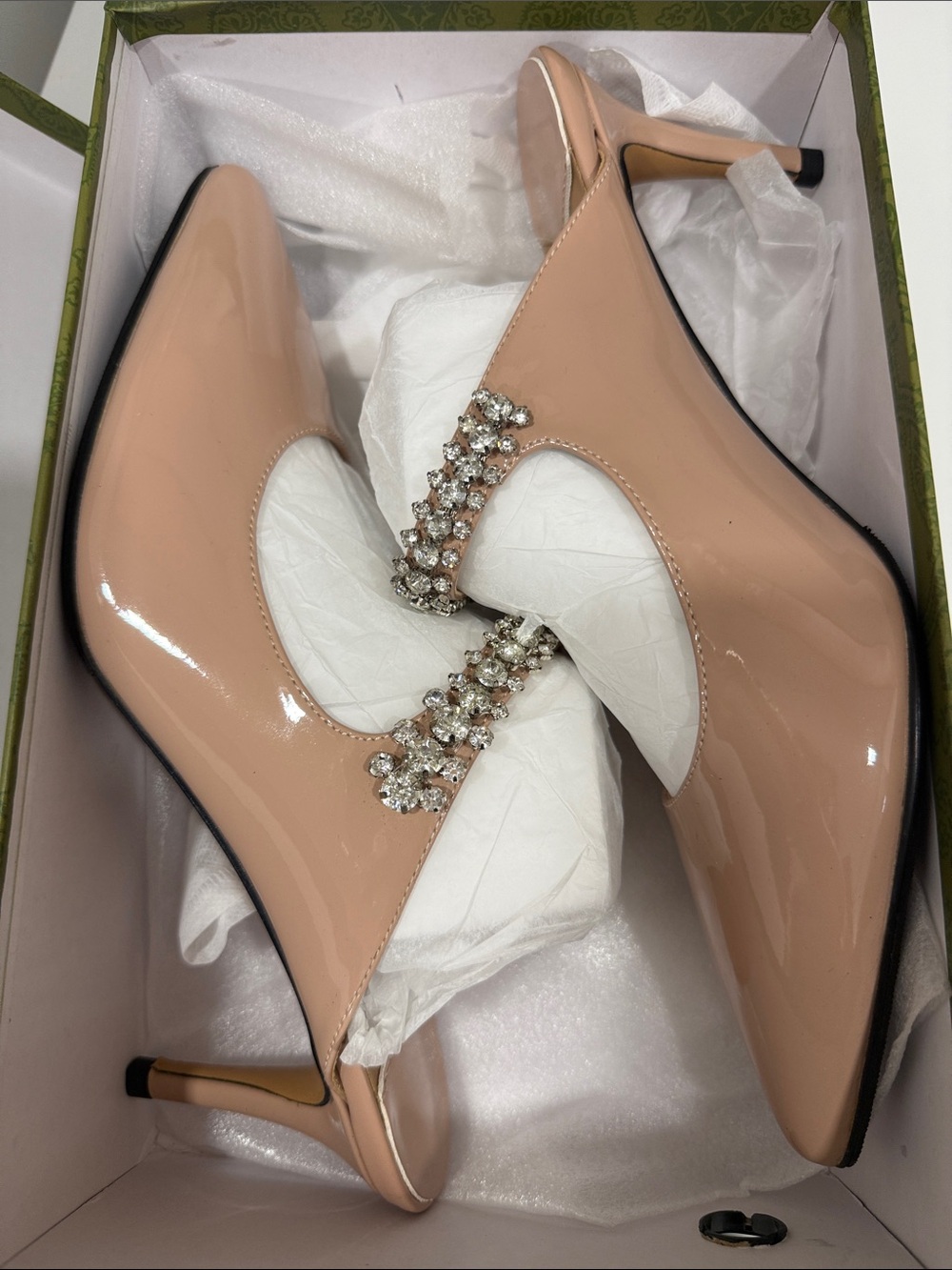 Women's Nude Patent Heels with Crystal Accent Sz 8.5